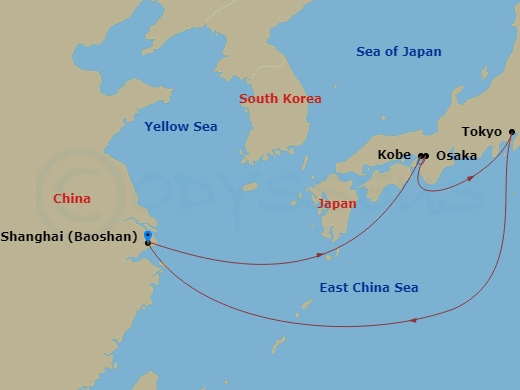 Map showing the cruise itinerary from Shanghai, China, to various ports in Japan including Kobe, Osaka, and Tokyo, along with surrounding seas.