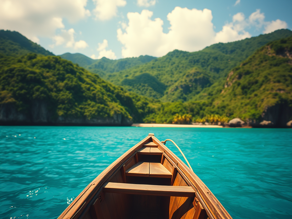  A breathtaking panoramic view of Timor-Leste's turquoise waters meeting lush green coastline, perhaps with a traditional boat in the foreground. voyagejtravels.blog