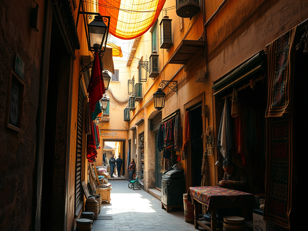 A vibrant, narrow alleyway in the Fez medina, sunlight filtering through, showcasing colorful textiles, lanterns, and traditional Moroccan architecture, with a hint of a local artisan at work in the background. voyagejtravels.blog