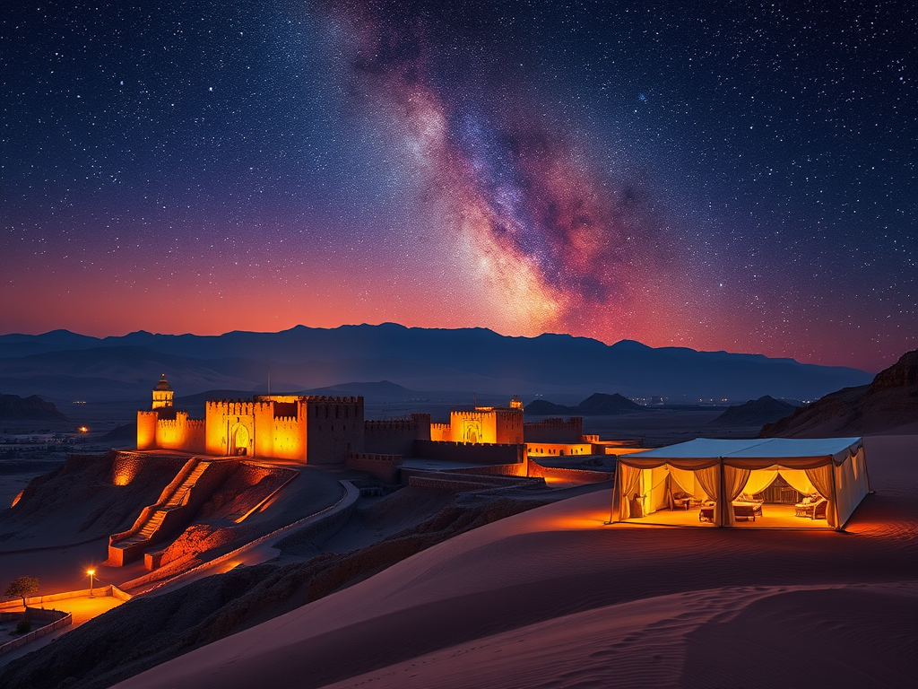(Featured Image: A stunning panoramic view of Nizwa Fort in Oman at sunset, with the Hajar Mountains in the background, or perhaps a luxurious desert camp in Wahiba Sands under a starlit sky.)