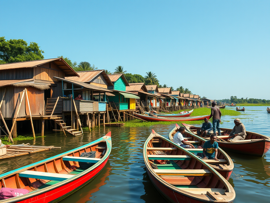 ![Featured Image: A vibrant stilt village scene in Ganvié, Benin, with colorful canoes and locals going about daily life on the water, set against a backdrop of lush greenery and blue skies.]