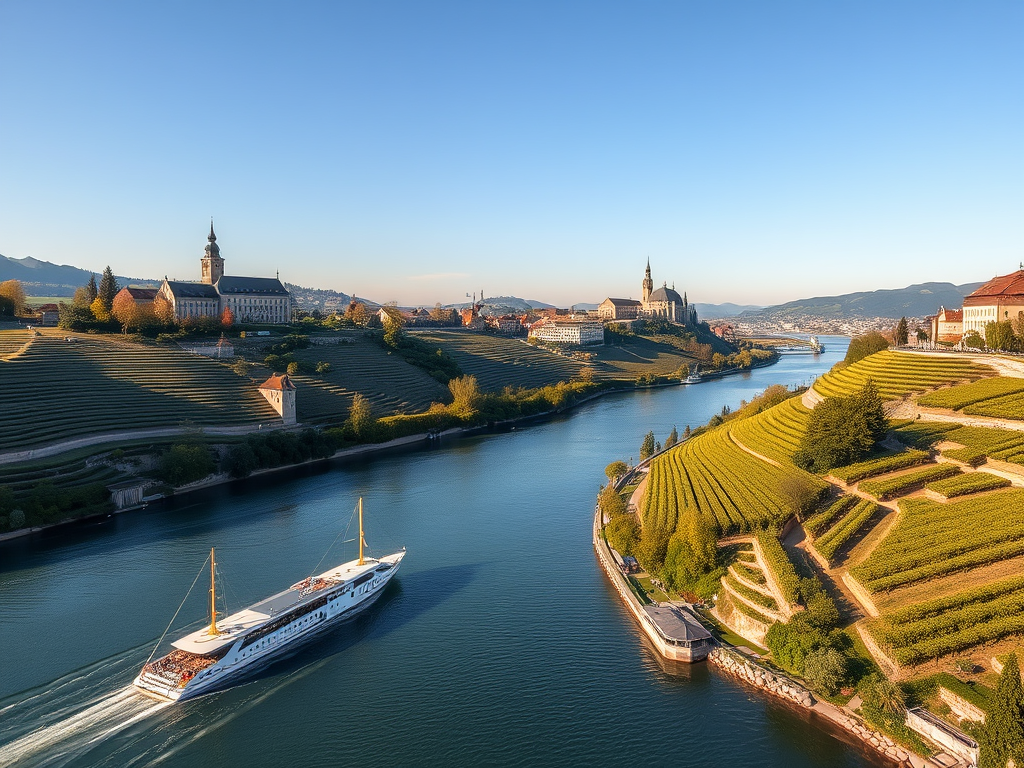 ![Featured Image: Panoramic view of the Danube River, with a luxury river cruise ship passing by terraced vineyards and medieval castles in the Wachau Valley, Austria. voyagejtravels.blog