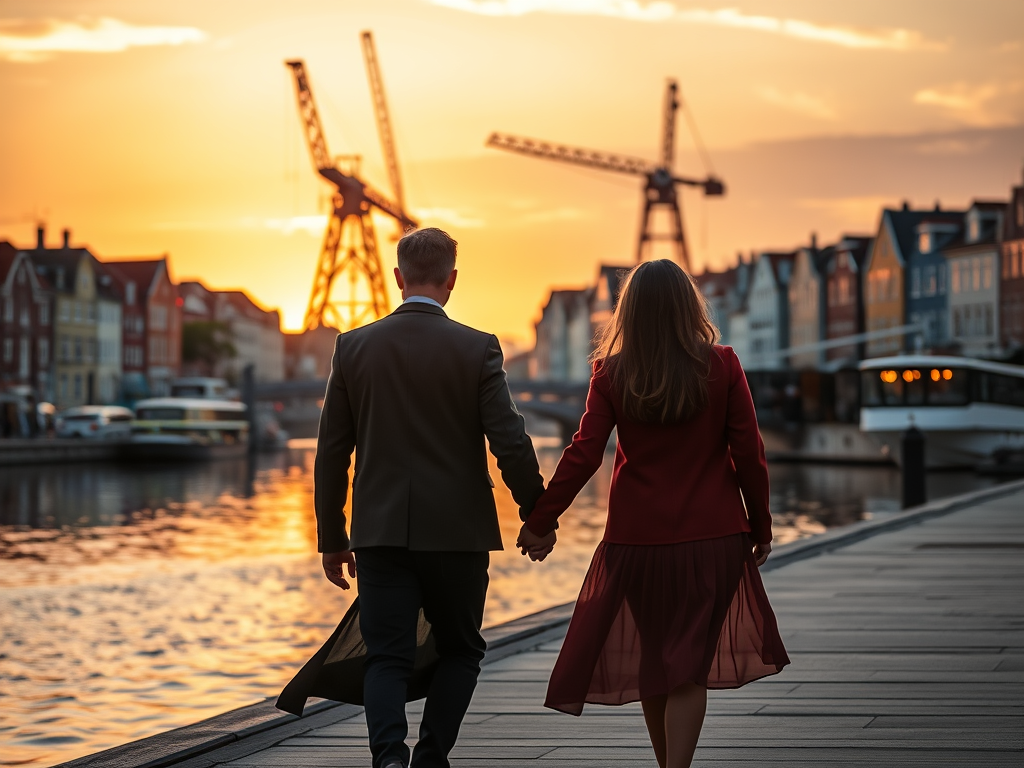 Motława Imagine a photo of a couple strolling hand-in-hand along the Motława River at sunset, colorful merchant houses reflected in the water, and the iconic Gdańsk Crane silhouetted against a golden sky. https://linktr.ee/jtravels7