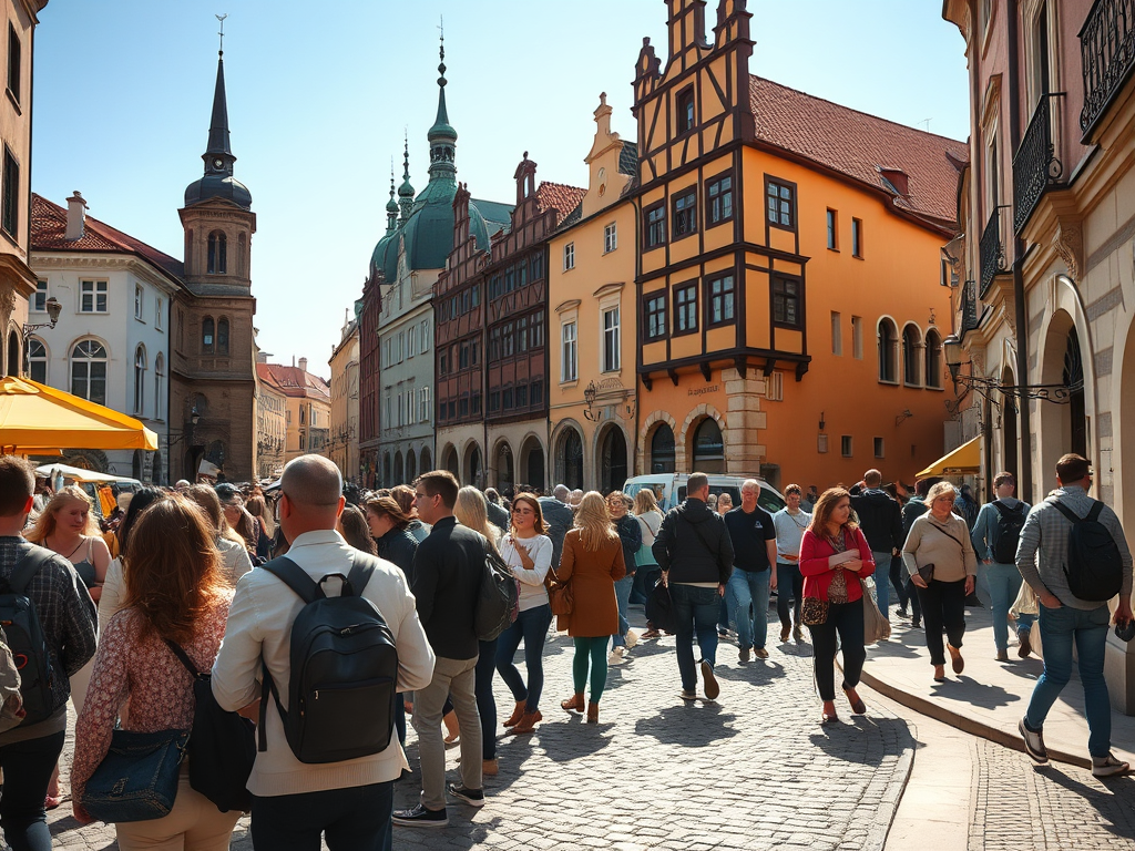 Tourists and locals enjoy a sunlit cobblestone street in Lviv's old town, reflecting its medieval charm and vibrant atmosphere alamy