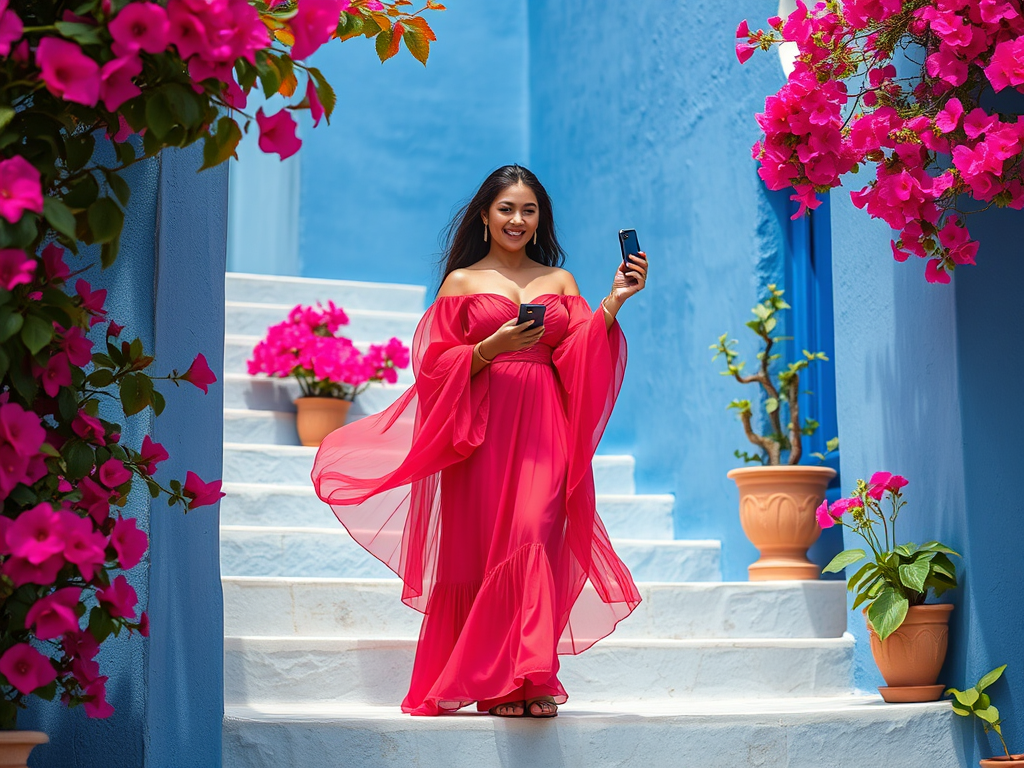 Featured Image:
A radiant creator in flowy attire perched on steps flanked by sapphire walls, a clutch of Bougainvillea above, smartphone poised for the shot — Chefchaouen's blue-wash unfurling dreamily all around.