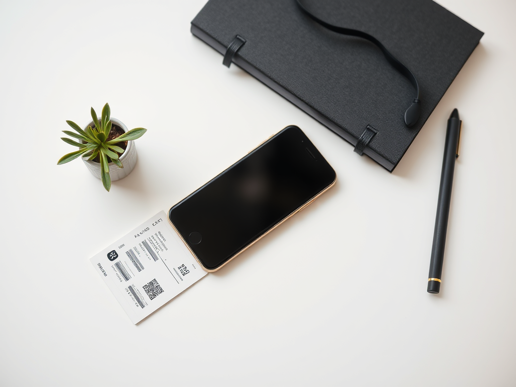 Flat lay of a phone, boarding pass, small plant, and notebook, representing planning and ease.