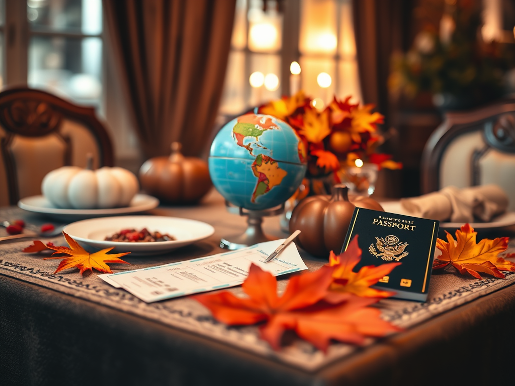 Hero Image: A cozy Thanksgiving table setting with passports, a globe, and a boarding pass tucked between autumn leaves