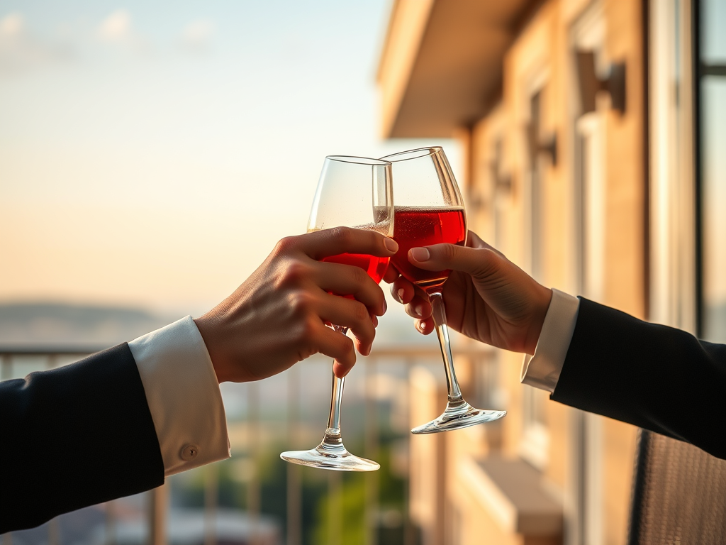 Two glasses clinking on a balcony overlooking a scenic view.