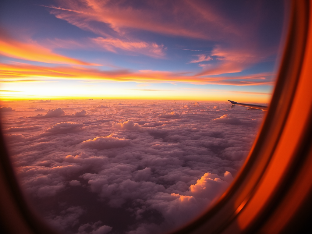 Window seat airplane shot with glowing clouds at sunset.