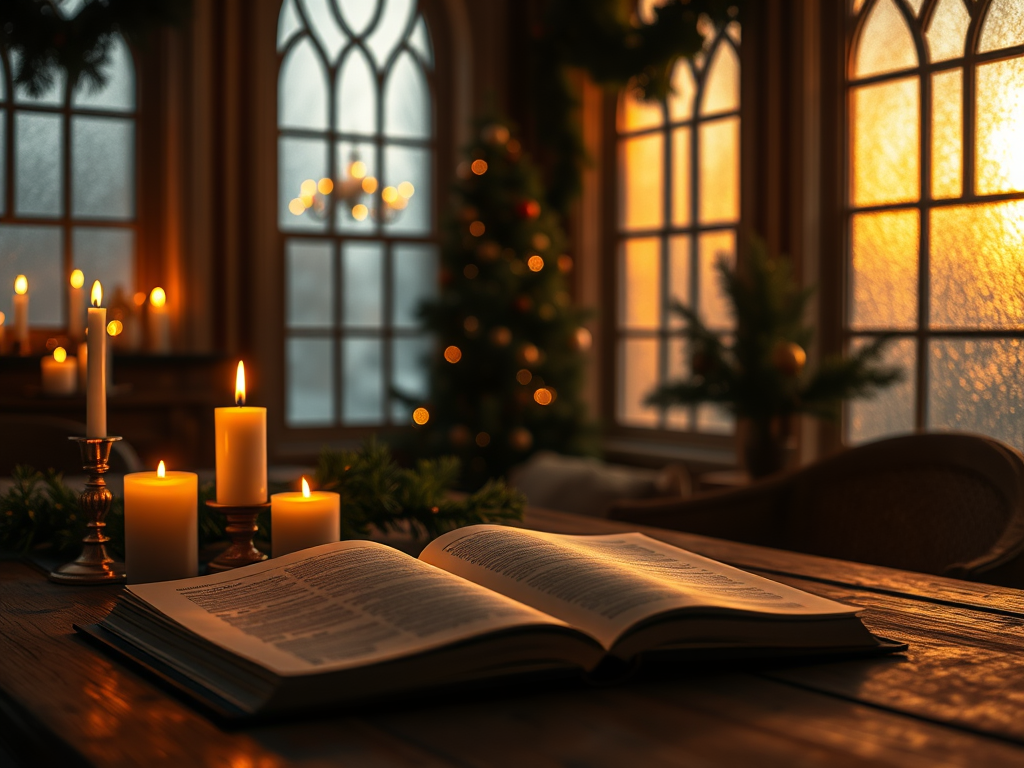 A candlelit room with warm, golden light streaming through frosted windows, holiday greenery softly adorning a wooden table, and an open journal—capturing the essence of quiet reflection and intentional celebration.