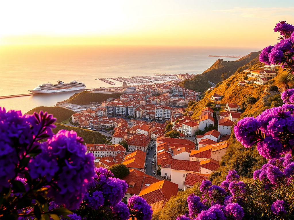 A sweeping golden‑hour view over Funchal’s terraced hillsides, red‑tiled roofs, and cruise‑dotted harbor, framed by purple jacaranda blossoms and the Atlantic stretching into the horizon. 🌅