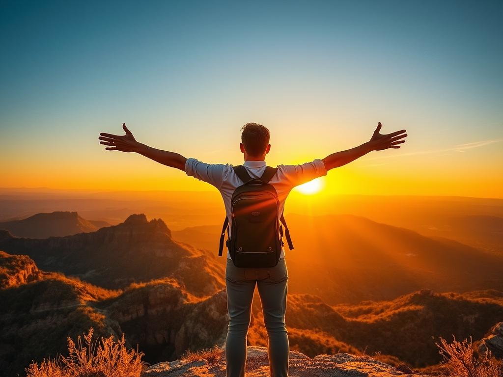 A vibrant, golden-hour scene of a traveler standing at the edge of a scenic overlook, arms open to the horizon, with diverse landscapes and cultures visible in the layered background, symbolizing the expansive freedom travel provides.