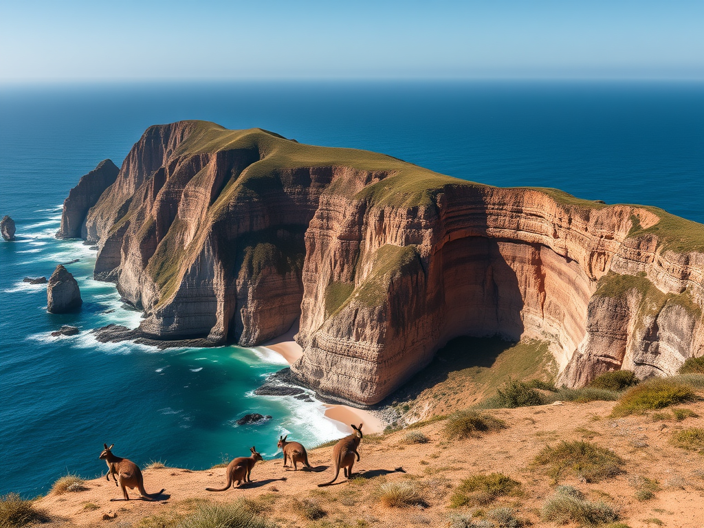 A dramatic coastline where rugged cliffs meet pristine beaches, with wild kangaroos grazing peacefully against a backdrop of endless ocean