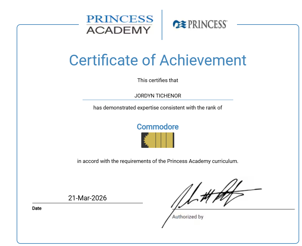 Certified Commodore of Princess Cruise Lines